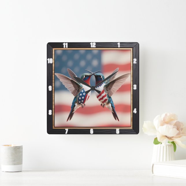 Patriotic Hummingbirds American Flag Quadratische Wanduhr (Zuhause)