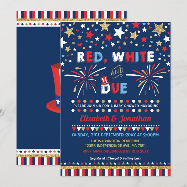 Patriotic July 4th Baby Dusche Red White Due Einladung (Vorne/Hinten)