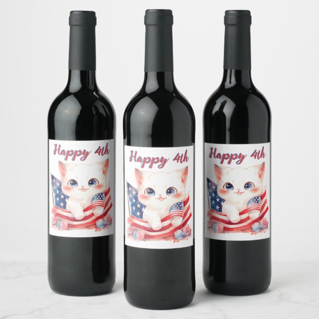 Patriotic Kitten 4. Juli Happy 4. Custom Weinetikett (Flaschen)