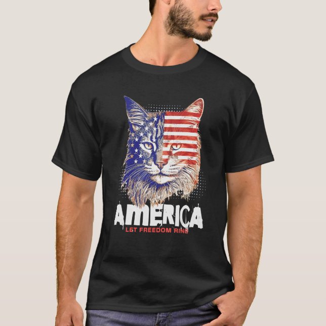 Patriotic Maine Coon Face Independence Day Feline  T-Shirt (Vorderseite)