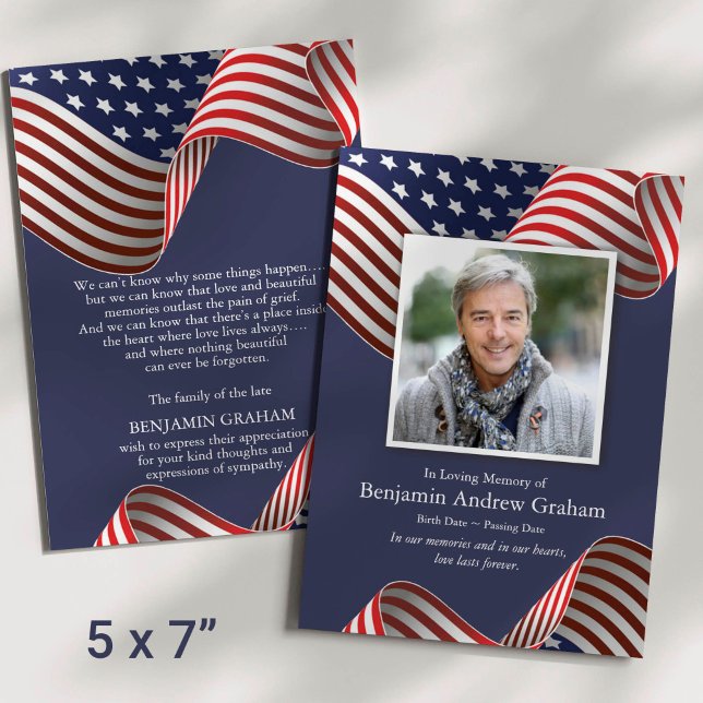 Patriotic Memorial Veteran American Flag Beerdigun Einladung (Patriotic USA Flag Photo Sympathy Veteran Funeral Thank You Card)