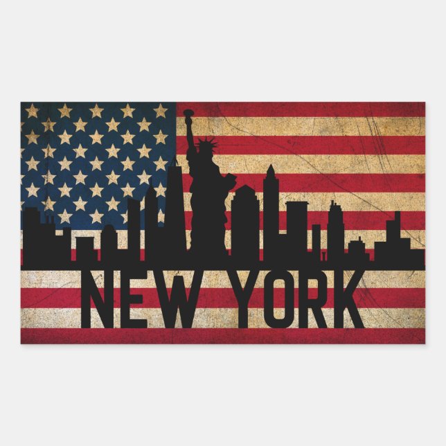 Patriotic New York Skyline American Flag Rechteckiger Aufkleber (Vorderseite)