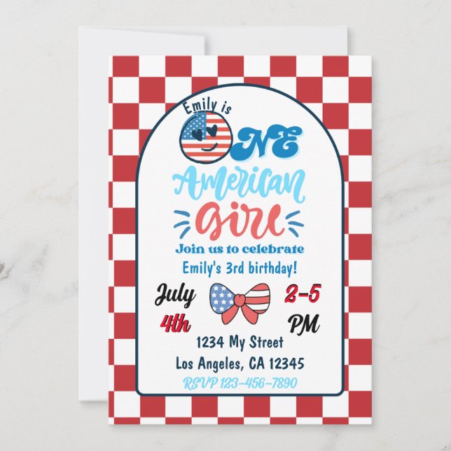 Patriotic One American Girl Birthday Einladung (Vorderseite)