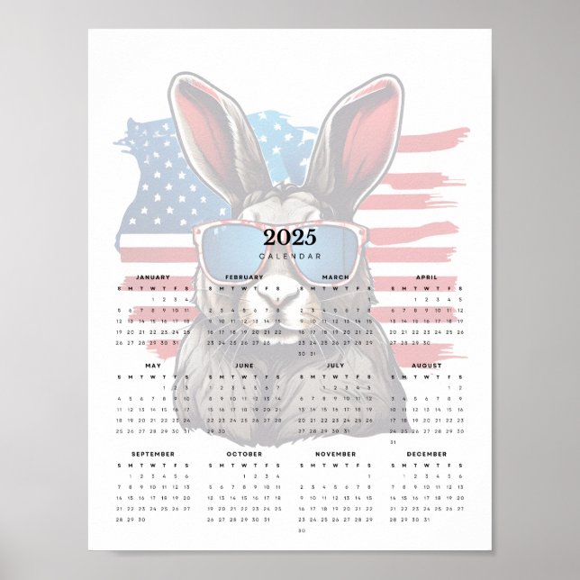 Patriotic Rabbit Red White and Blue 2025 Calendar Poster (Vorne)