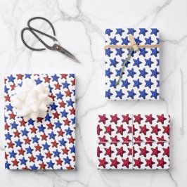 Patriotic Red Blue Glitzer Stars Pattern auf White Geschenkpapier Set
