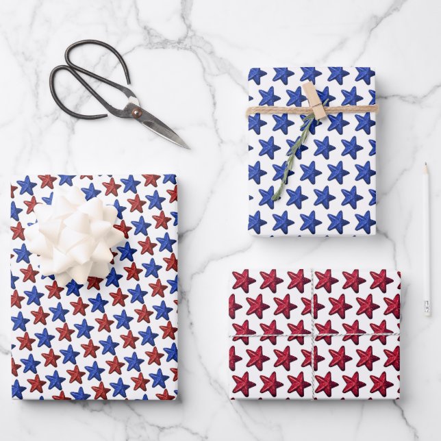 Patriotic Red Blue Glitzer Stars Pattern auf White Geschenkpapier Set (Vorderseite)