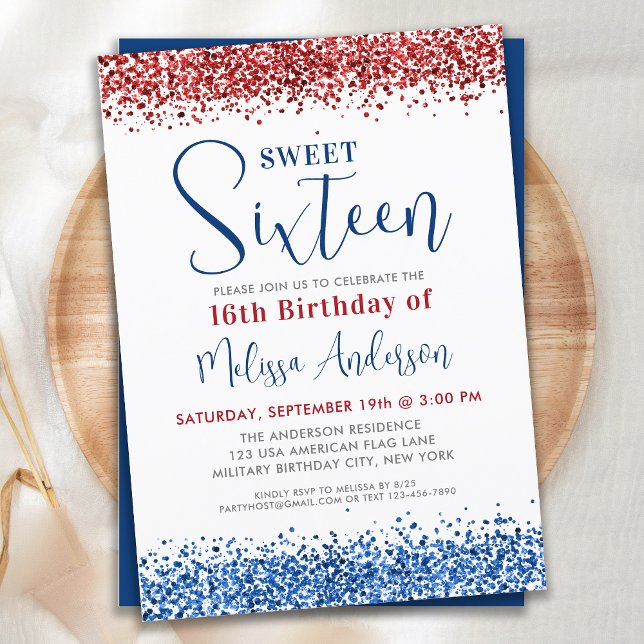 Patriotic Red Blue Glitzer Sweet 16 Birthday Party Einladung (Von Creator hochgeladen)