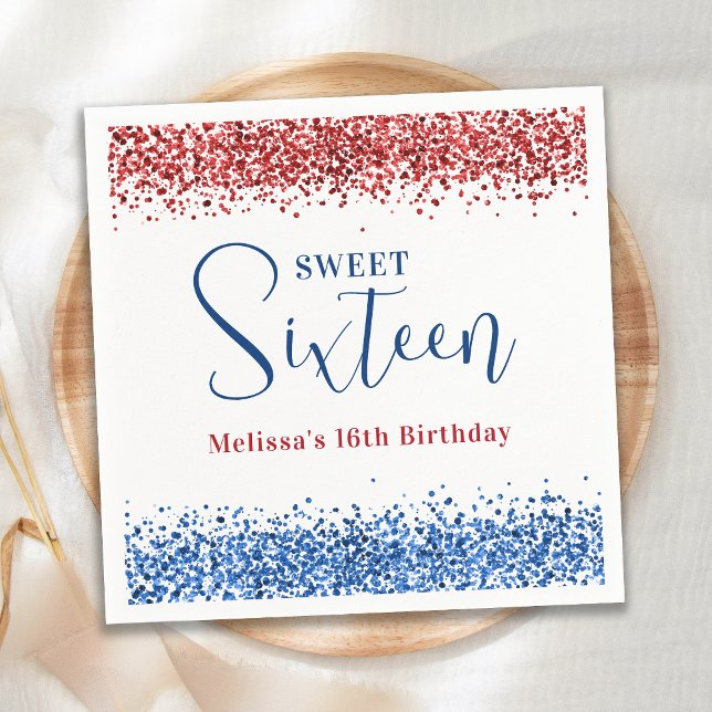 Patriotic Red Blue Glitzer Sweet 16 Birthday Party Serviette (Von Creator hochgeladen)