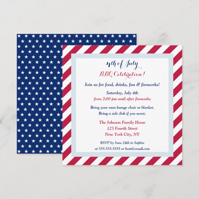 Patriotic Red White and Blue 4. Juli GRILLEN Party Einladung (Vorne/Hinten)