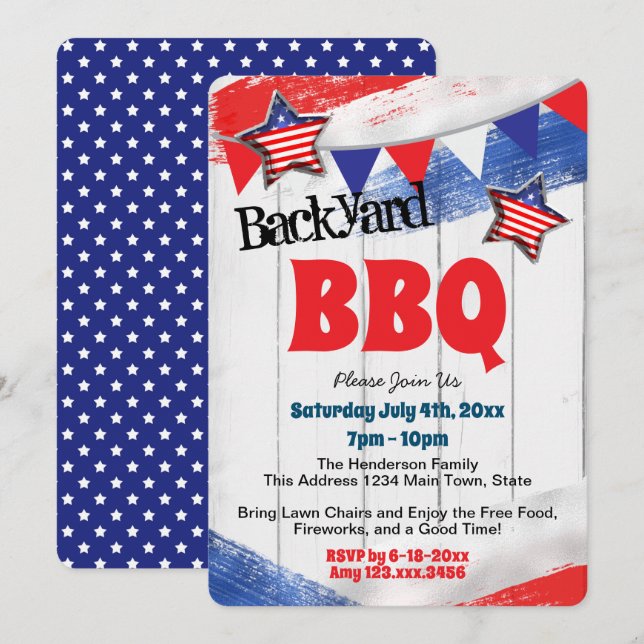 Patriotic Red White Blue Backyard GRILLEN Einladun Einladung (Vorne/Hinten)