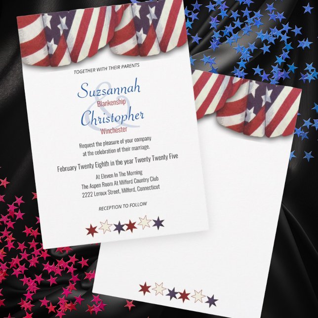 Patriotic Red White Blue Bunting Top Stars Einladung (front and back view of patriotic wedding invitation)
