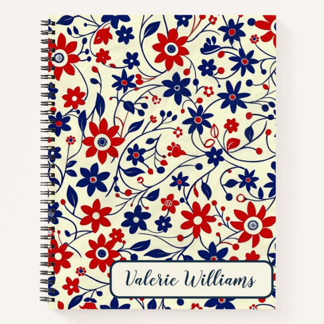 Patriotic Red White Blue Floral Pattern Notizbuch (Vorderseite)