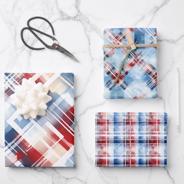 Patriotic Red White Blue Kariert Ergänzendes Set Geschenkpapier Set (Vorderseite)