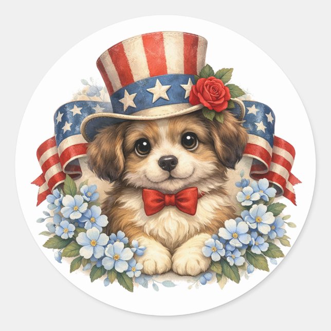Patriotic Red White Blue Puppy Runder Aufkleber (Vorderseite)