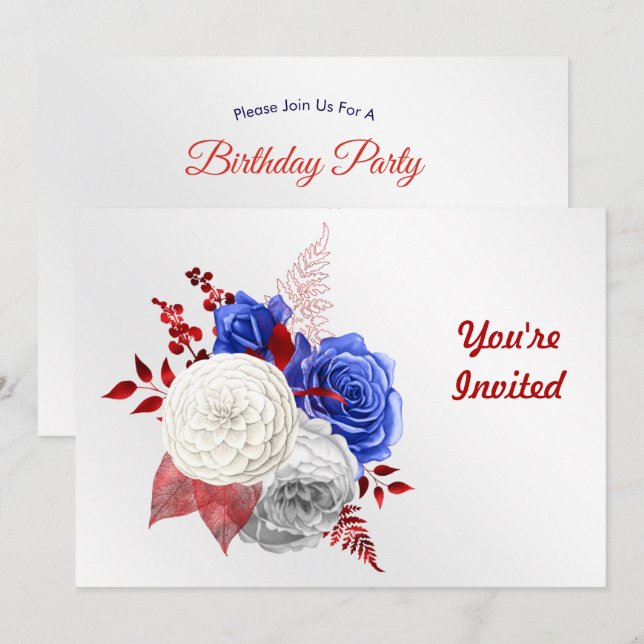 Patriotic Red White Blue Roses Birthday Einladung (Vorne/Hinten)