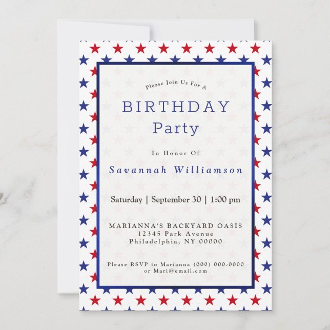 Patriotic Red White Blue Stars Birthday Einladung (Vorderseite)