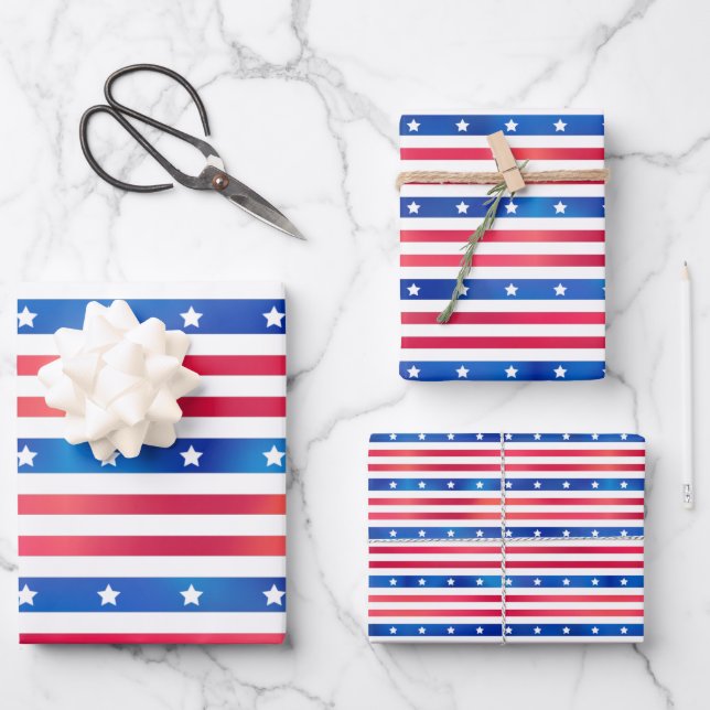 Patriotic Red White Blue Stars Stripes USA Geschenkpapier Set (Vorderseite)