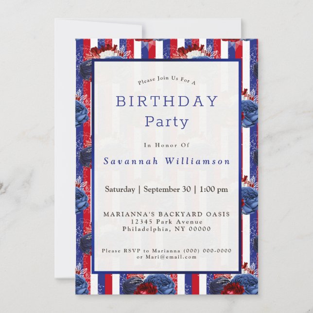 Patriotic Red White Strip Birthday Einladung (Vorderseite)