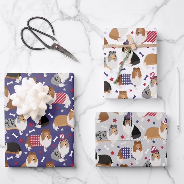 Patriotic Rough Collie Pattern Geschenkpapier Set (Vorderseite)