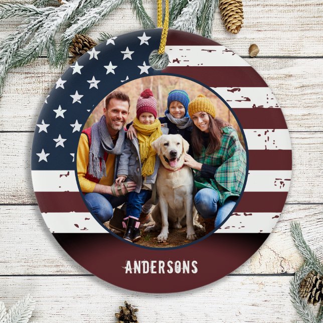 Patriotic Rustic American Flag Custom 2 Foto Keramik Ornament (Von Creator hochgeladen)