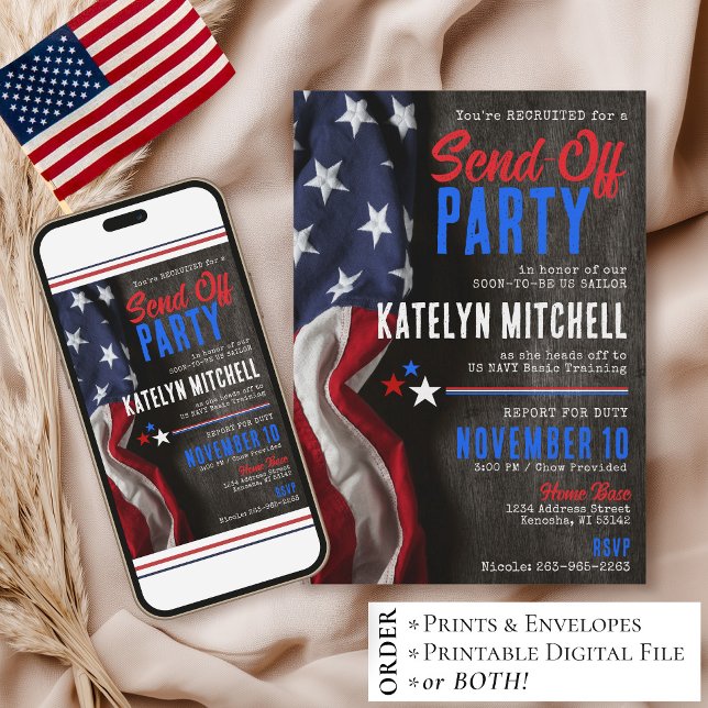 Patriotic Rustic US Flag Military Send-Off Party Einladung (Printable patriotic US flag military send-off going away farewell party invitation digital download)