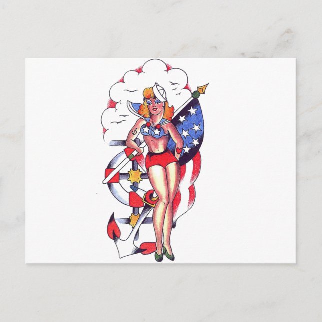 Patriotic Sailor Girl Tattoo Art Postkarte (Vorderseite)