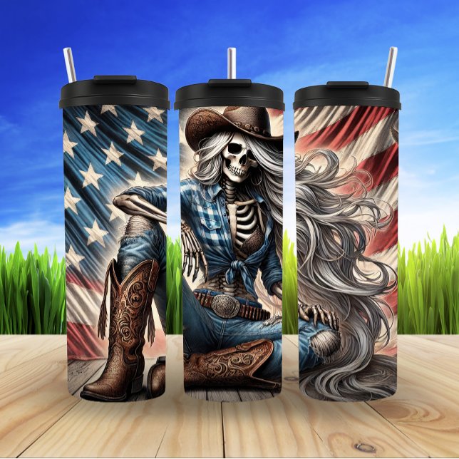 Patriotic Skeleton Cowgirl Thermosbecher (Von Creator hochgeladen)