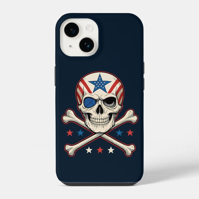Patriotic Skull und Crossbones American Flag iPhone 14 Hülle (Rückseite)