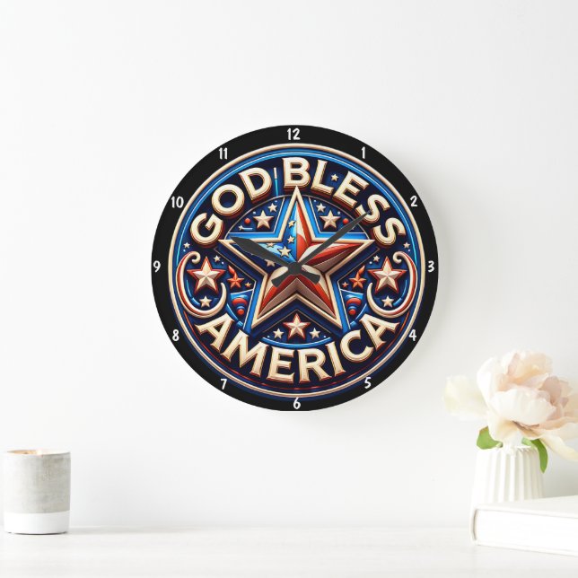 Patriotic Star "God Bless America" Text Große Wanduhr (Zuhause)