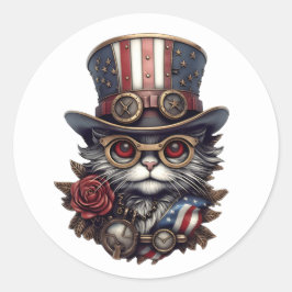 Patriotic Steampunk Cat with Goggles Runder Aufkleber