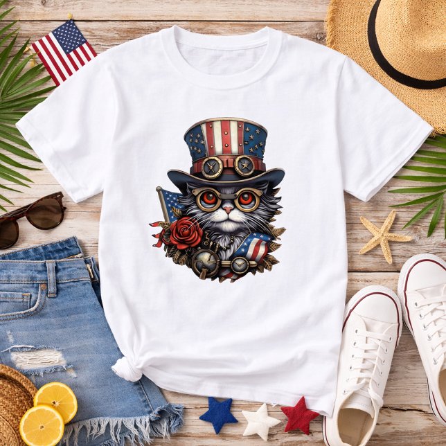 Patriotic Steampunk Cat with Goggles T-Shirt (Von Creator hochgeladen)