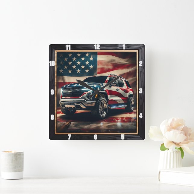 Patriotic SUV American Flag Quadratische Wanduhr (Zuhause)