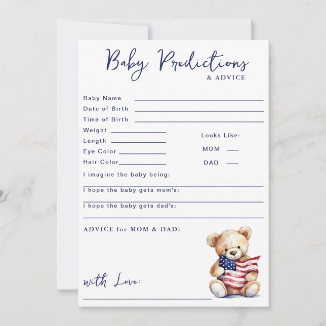 Patriotic Teddy Bear Red Blue Baby Predictions Einladung (Vorderseite)