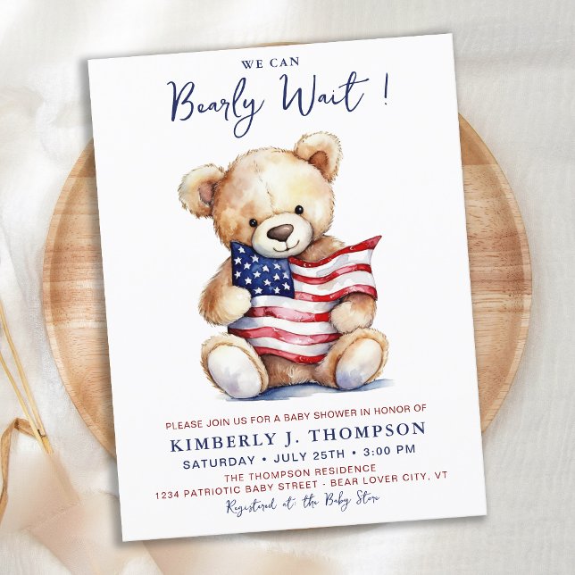 Patriotic Teddy Bear Red White Blue Baby Dusche Postkarte (Von Creator hochgeladen)