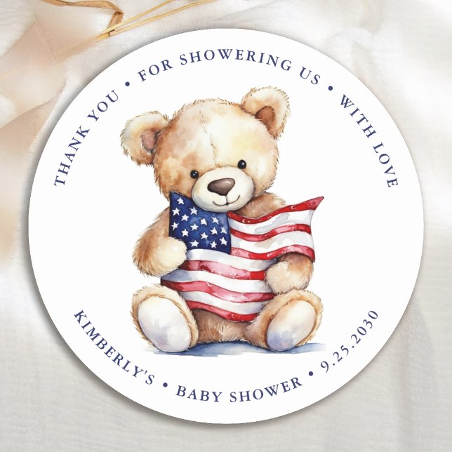 Patriotic Teddy Bear Red White Blue Baby Dusche Runder Aufkleber (Von Creator hochgeladen)