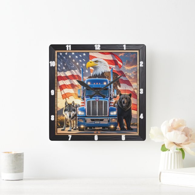 Patriotic Truck Eagle Wolf Bear Quadratische Wanduhr (Zuhause)