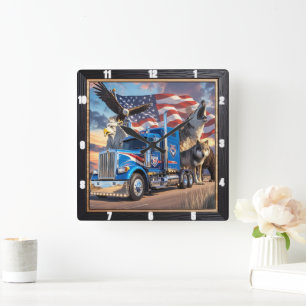 Patriotic Truck Eagle Wolf USA Quadratische Wanduhr