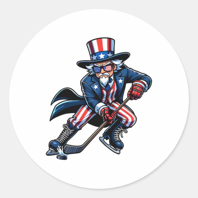 Patriotic Uncle Sam Hockey Spieler 4. Juli Männer Runder Aufkleber (Vorderseite)
