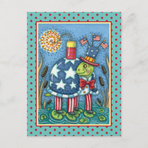 PATRIOTIC UNCLE SAM TURTLE, FUNNY FIRECRACKER Cute Feiertagspostkarte