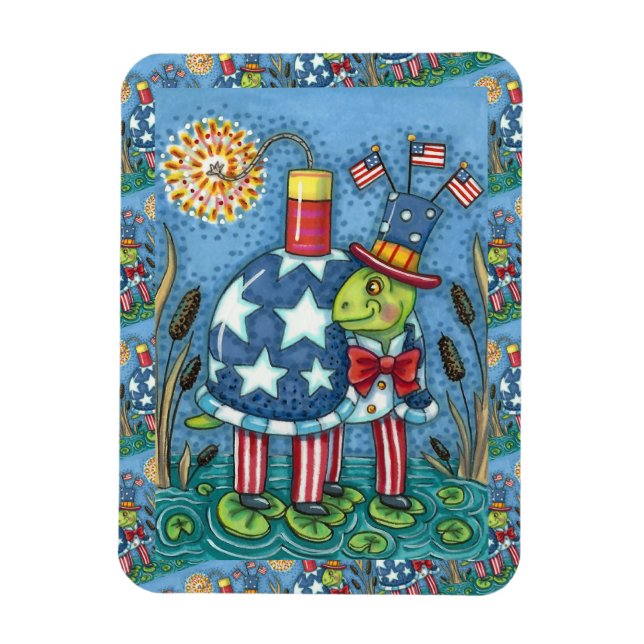 PATRIOTIC UNCLE SAM TURTLE, FUNNY FIRECRACKER Cute Magnet (Vertikal)