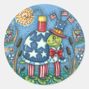 PATRIOTIC UNCLE SAM TURTLE, FUNNY FIRECRACKER Cute Runder Aufkleber