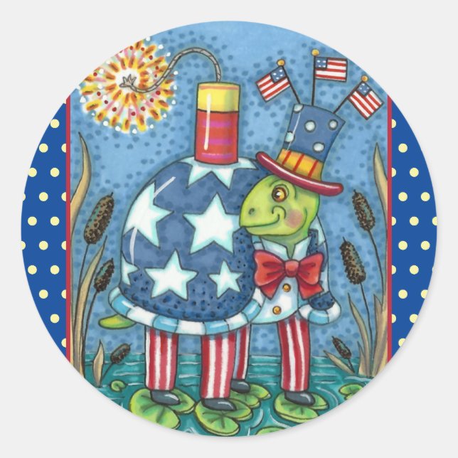 PATRIOTIC UNCLE SAM TURTLE, FUNNY FIRECRACKER Cute Runder Aufkleber (Vorderseite)