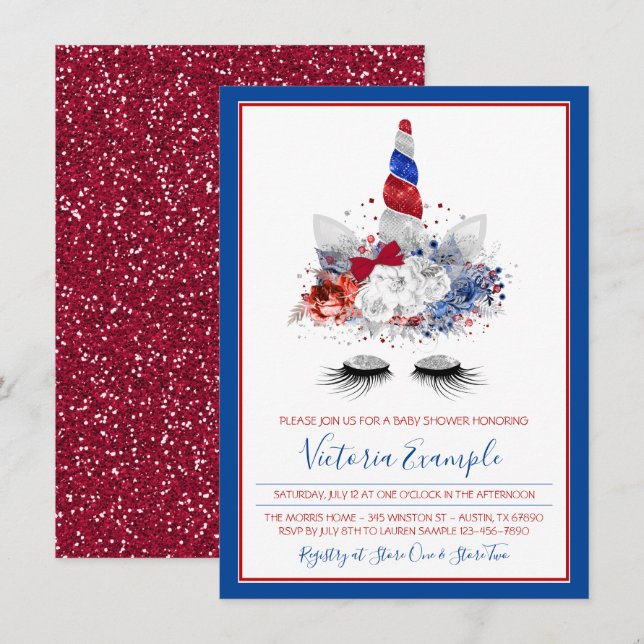 Patriotic Unicorn Red White Blue Baby Dusche Einladung (Vorne/Hinten)