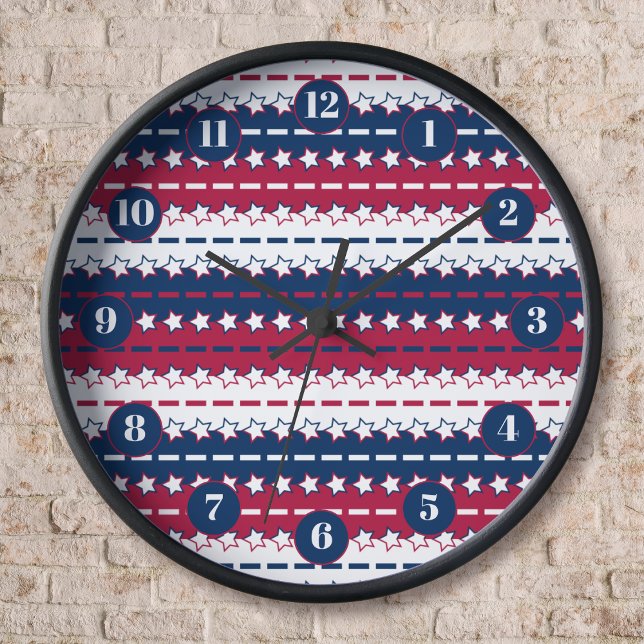 Patriotic - US Flagge - Red White Blue Uhr (Patriotic Pleated Stripes with Stars Wall clock by Leapfroglisics Shop)