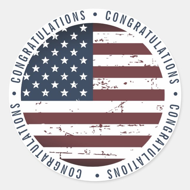 Patriotic USA American Flag Herzlichen Glückwunsch Runder Aufkleber (Vorderseite)