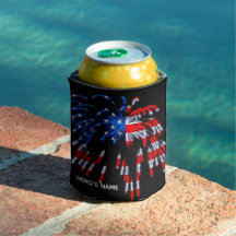 Patriotic USA Flag Fireworks Red Blue Name Cooler