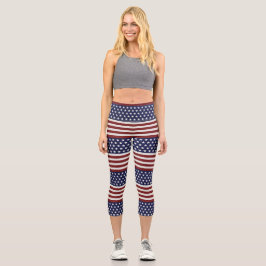 Patriotic USA Flag, FuAmerican Red White Blue Capri Leggings