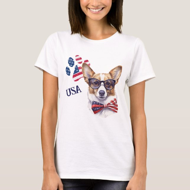 Patriotic USA Flag Paw Print Corgi Dog T-Shirt (Vorderseite)