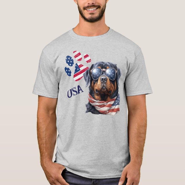 Patriotic USA Flag Paw Print Rottweiler Dog T-Shirt (Vorderseite)