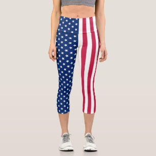 Patriotic USA Flag Red White Blue Stars Streifen Capri Leggings